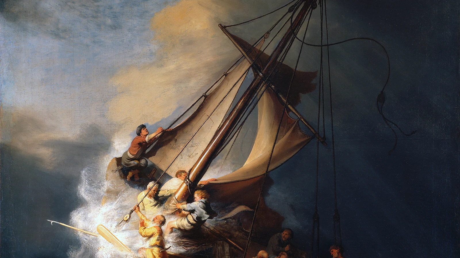 Jesús y los discípulos durante la tormenta en el mar de Galilea, pintura de Rembrandt