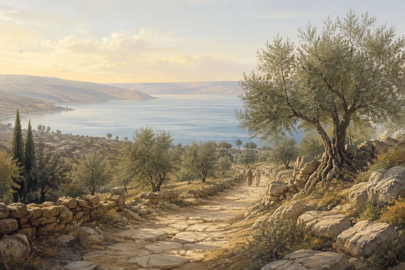 Un camino de piedra entre olivos desciende hasta el mar de Galilea al amanecer