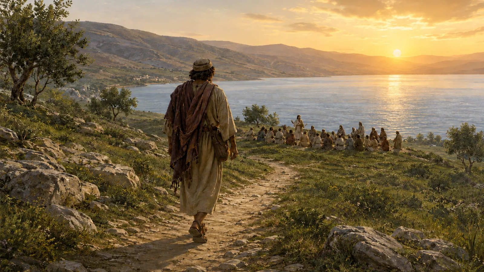 Camino junto al mar de Galilea hacia un grupo que escucha a Jesús al amanecer