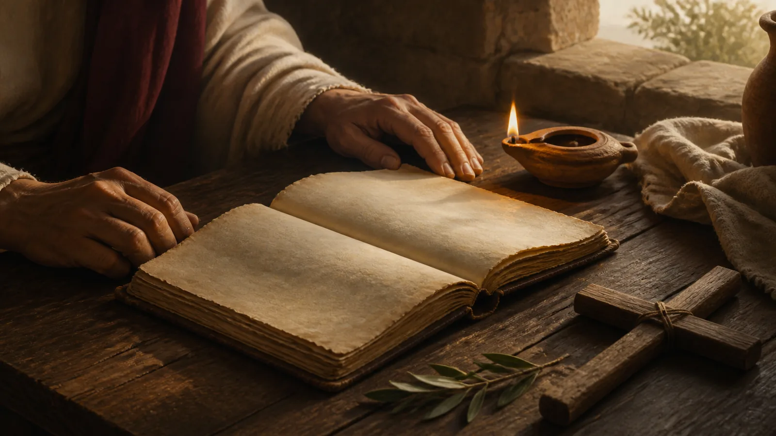 Libro abierto y lámpara encendida en un lugar sereno de oración