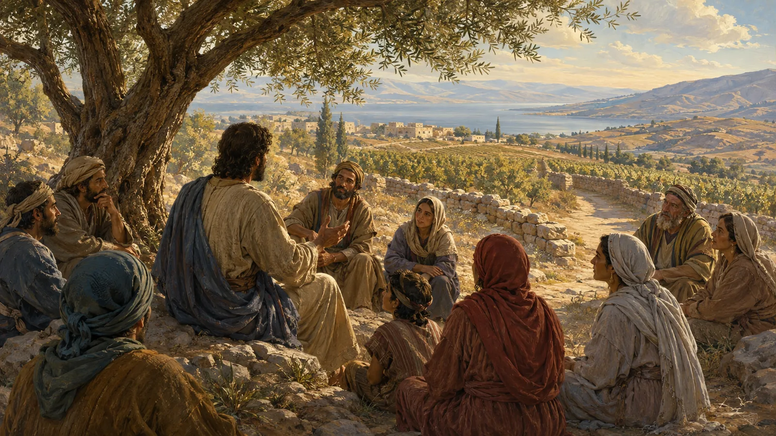 Jesús enseña a un grupo al aire libre mediante parábolas del Reino de Dios
