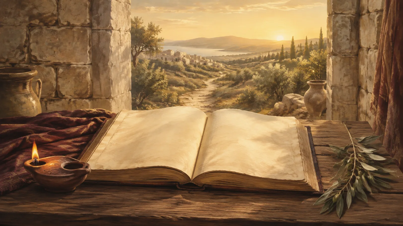Biblia abierta, lámpara y sendero iluminado como invitación a discernir el camino