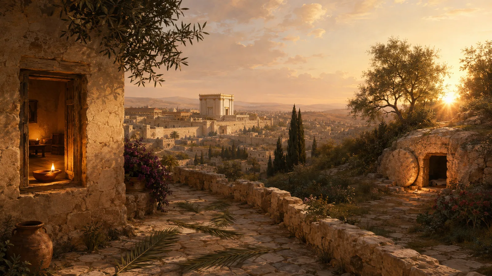Jerusalén, ramas sobre el camino, una lámpara encendida y el sepulcro abierto al amanecer