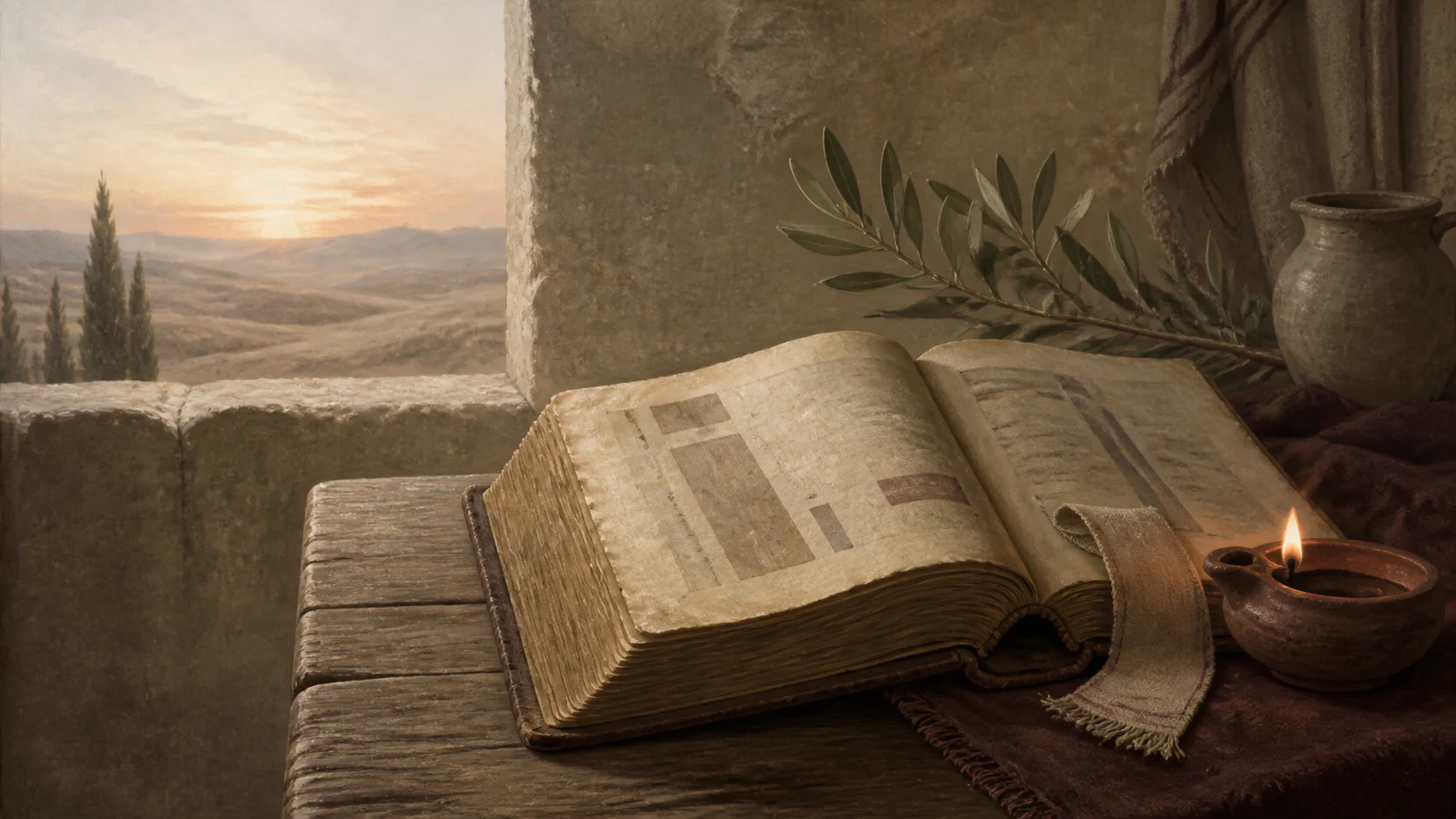 Libro bíblico abierto junto a una lámpara y ramas de olivo al amanecer